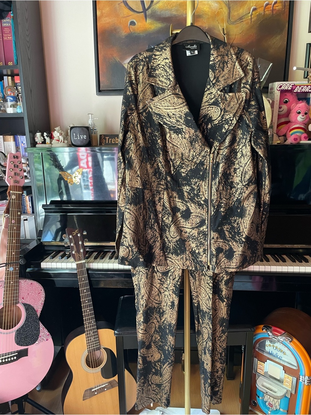 Marallis Metallic Black & Gold Paisley Moto Jacket and Pant Set